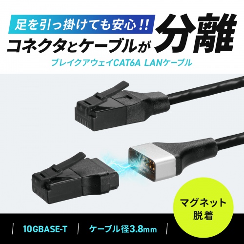 うっかり事故から機器を守る、マグネットブレイクアウェイCAT6A LANケーブル。3m