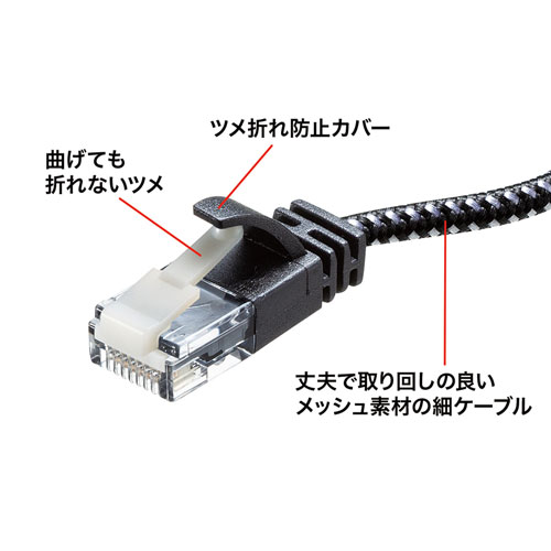 KB-T6AME-03BKW / つめ折れ防止カテゴリ6A細径メッシュLANケーブル（ブラック＆ホワイト・3m）