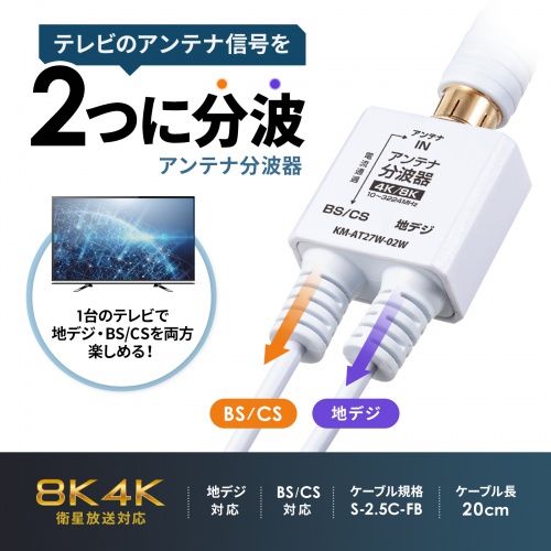 アンテナ分波器。地デジ/BS/CS 4K/8Kt対応。出力側ケーブル・0.2m×2本。