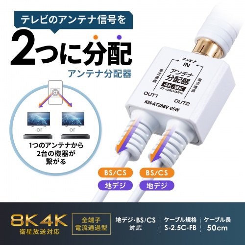 アンテナ分配器。地デジ/BS/CS 4K/8Kt対応。出力側ケーブル・0.5m×2本。