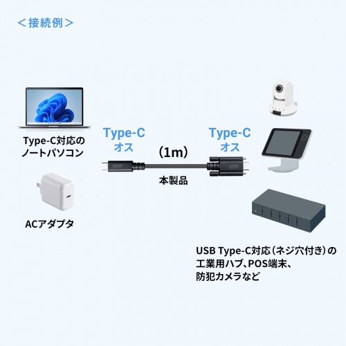 2つのねじで強力固定。USB 20Gbps Type-Cケーブル。PD240W・4K60Hz対応。産業用。1m。USB認証取得品。