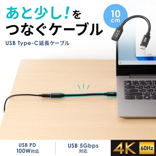 USB5Gbps Type-C延長ケーブル。DisplayPort Alternate Mode（4K60Hz）・PD100W対応・0.1m。