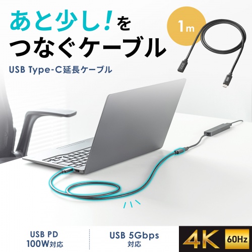 KU-5GCCP100EN10 / USB5Gbps Type-C延長ケーブル(PD100W・1m)