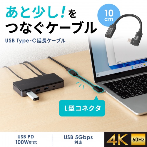 USB5Gbps Type-C延長ケーブル。DisplayPort Alternate Mode（4K60Hz）・PD100W対応・0.1m・L型コネクタ。