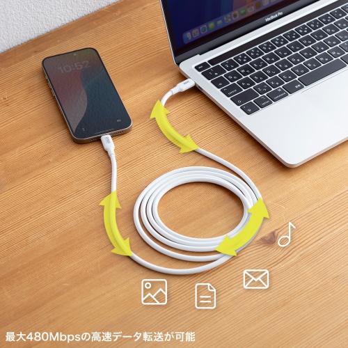 KU-CCPES20W / USB2.0 Type-C シリコンケーブル（PD240W・2m・ホワイト）
