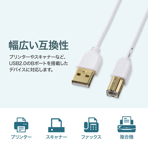 KU20-SL20W / 極細USBケーブル（USB2.0　A-Bタイプ、2m・ホワイト）