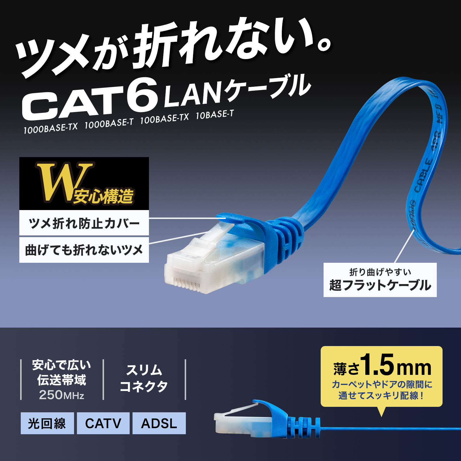 カテゴリ6フラットLANケーブル（ツメ折れ防止コネクタ付き・5m）