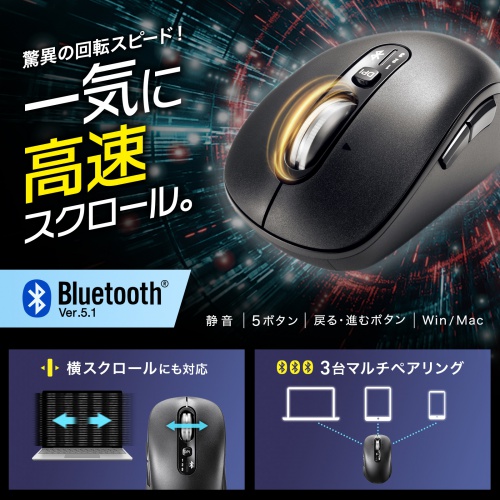 MA-BBS529BK / 静音Bluetoothマウス（チルトホイール・高速スクロール）