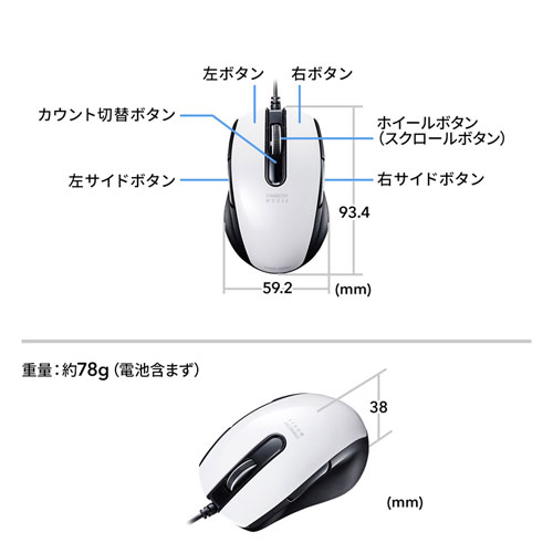 MA-BL172W / 有線ブルーLEDマウス（5ボタン・左右対称）