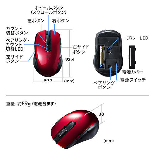 MA-BTBL171R / Bluetooth 4.0 ブルーLEDマウス（5ボタン・左右対称・レッド）