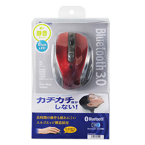 MA-BTBL28R / Bluetooth3.0 ブルーLED静音マウス（レッド）