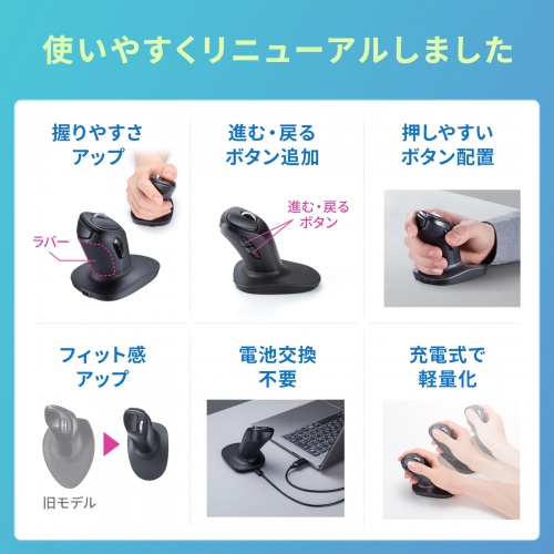 MA-EBBS537BK / 静音Bluetoothエルゴノミクススティックマウス(充電式・5ボタン)