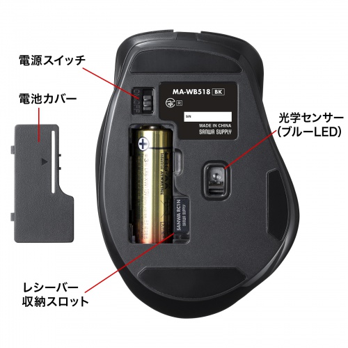 MA-WB518BK【ワイヤレスブルーLEDマウス（5ボタン・ブラック）】左右 