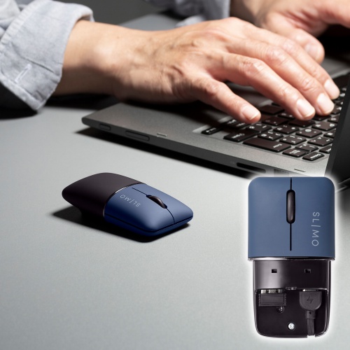MA-WBBS310NV / 静音ワイヤレスブルーLEDコンボマウス　SLIMO・ネイビー（充電式）