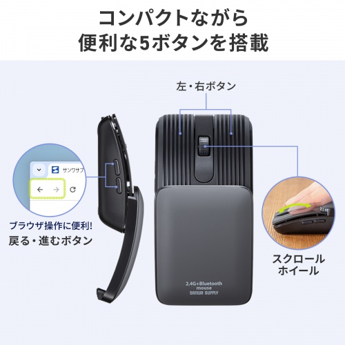 MA-WBBS526GY / 静音ワイヤレスブルーLED コンボマウス（5ボタン・グレー）