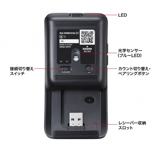 MA-WBBS526GY / 静音ワイヤレスブルーLED コンボマウス（5ボタン・グレー）
