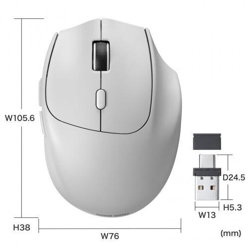 MA-WBIRS539GY / Bluetoothワイヤレスマウス(USB-A/USB-C両対応・静音・5ボタン・グレー)