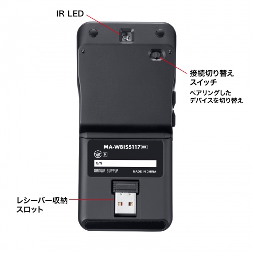 MA-WBIS5117BK / 静音ワイヤレス IR LEDコンボマウス（5ボタン・薄型）