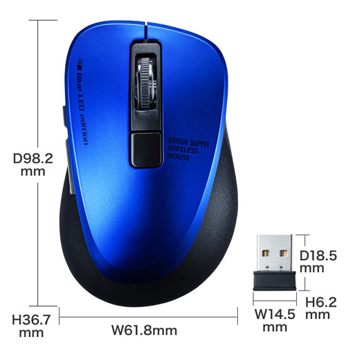 MA-WBL153BL / 静音ワイヤレスブルーLEDマウス（5ボタン・ブルー）
