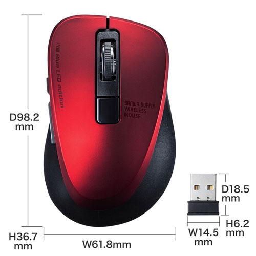 MA-WBL153R / 静音ワイヤレスブルーLEDマウス（5ボタン・レッド）