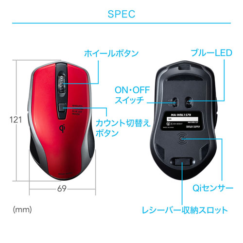 MA-WBL157R / ワイヤレス充電マウス（レッド）