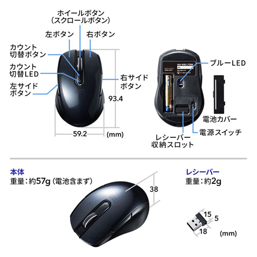 MA-WBL170BK / ワイヤレスブルーLEDマウス（5ボタン・左右対称・ブラック）