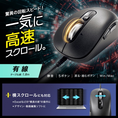 MA-YBS531BK / 静音有線マウス（チルトホイール・高速スクロール）