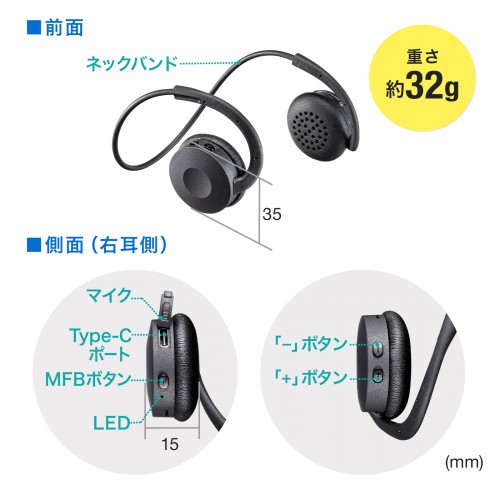 MM-BTSH63BK / Bluetoothヘッドセット（両耳・外付けマイク付き）