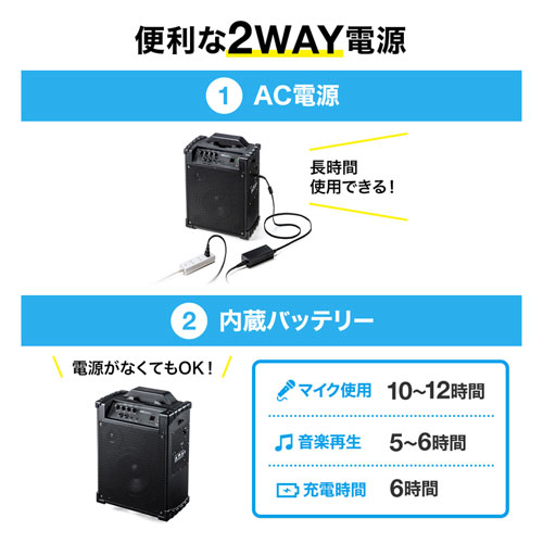 MM-SPAMP10 / ワイヤレスマイク スピーカー 拡声器(最大出力60W・AC電源/充電式、音楽再生)