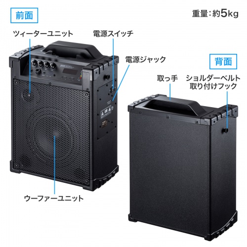 MM-SPAMP14 / ワイヤレスマイク付き拡声器スピーカー(バッテリー内蔵・ワイヤレスマイク2本対応)