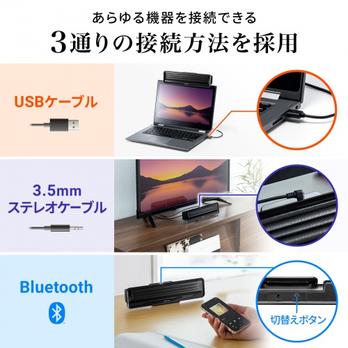 Bluetooth/USB/3.5mmの3つの接続方法で使えるクリップ式サウンドバー