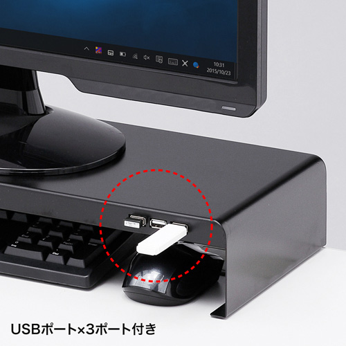 MR-LC202BK / 電源タップ+USBポート付き机上ラック（W600×D200mm・ブラック）