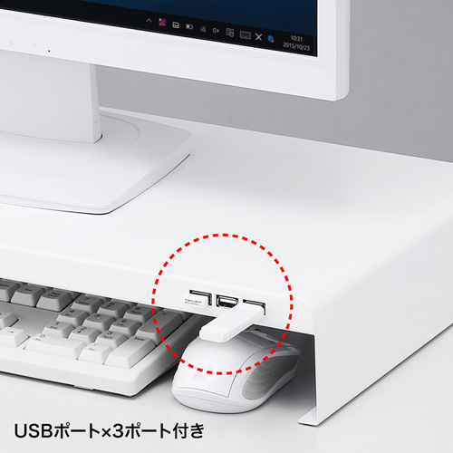 MR-LC203W / 電源タップ+USBポート付き机上ラック（W600×D300mm・ホワイト）