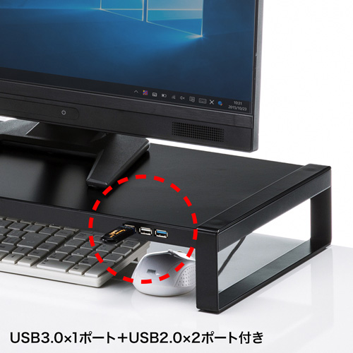 MR-LC205BK / 電源タップ＋USBハブ付き机上ラック（W600mm・ブラック）