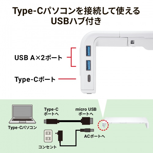 MR-LC210CHW / USB Type-C接続ハブ付き机上ラック（ホワイト）