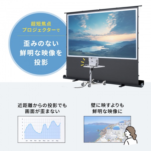 パンタグラフ構造で素早く設置・収納可能なプロジェクタースクリーン。短焦点・超短焦点プロジェクター対応、100型（16:9）。