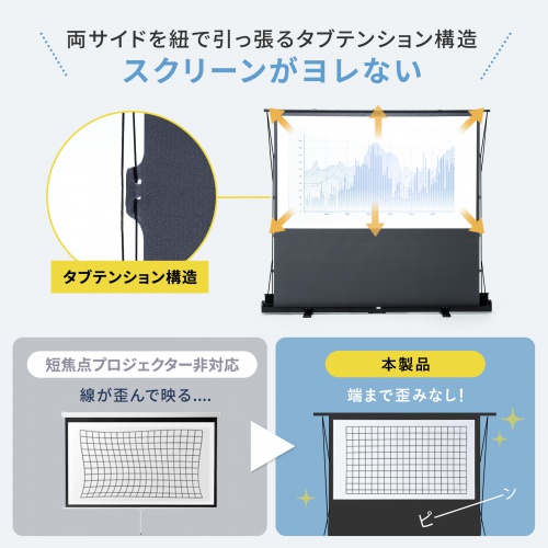 パンタグラフ構造で素早く設置・収納可能なプロジェクタースクリーン。短焦点・超短焦点プロジェクター対応、100型（16:9）。