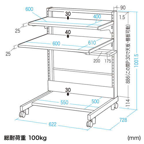 RAC-268 / パソコンラック（業務用・棚可変・幅600mm・高さ1000mm）