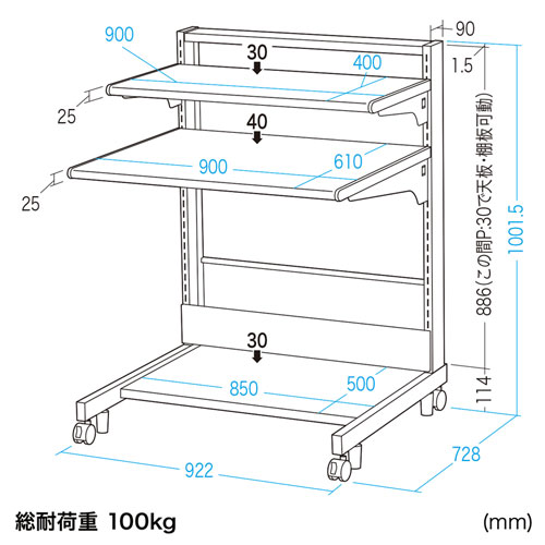 RAC-274 / パソコンラック（業務用・棚可変・幅900mm・高さ1000mm）