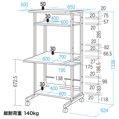 RAC-EC2SN2 / スチール製パソコンラック（W650×D700×H1338mm）