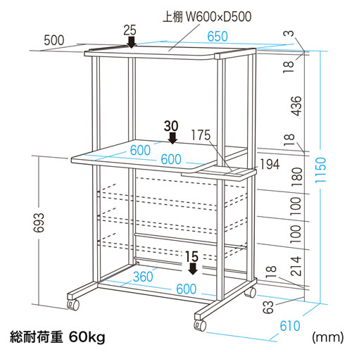 RAC-EC37 / パソコンラック（W650×D610×H1150mm・上棚D500mm）