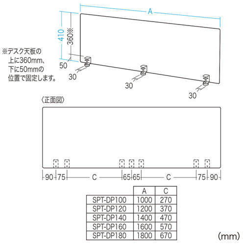 SPT-DP100 / デスクパーティション（クランプ式・W1000mm）