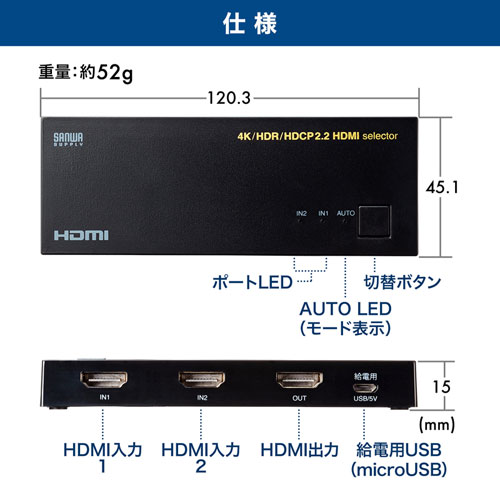 SW-HDR21L / 4K・HDR・HDCP2.2対応HDMI切替器（2入力・1出力）