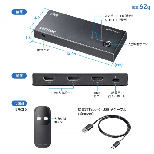 SW-HDR21R / 4K対応HDMI切替器(2入力・1出力・リモコン付き)