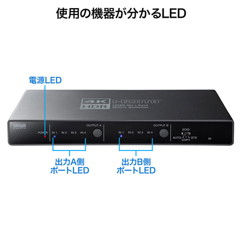 SW-HDR42H / 4K・HDR・光デジタル出力付きHDMIマトリックス切替器（4入力・2出力）