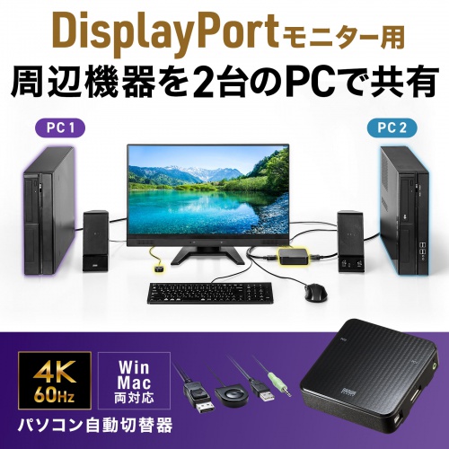 SW-KVM2WDPU【DisplayPort対応手元スイッチ付きパソコン自動切替 SW-KVM2WDPU【DisplayPort対応手元スイッチ付きパソコン自動切替