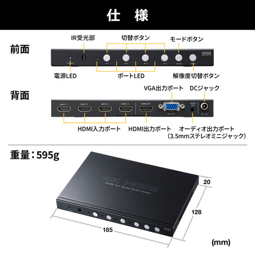 SW-UHD41MTV / 4入力1出力HDMI画面分割切替器(4K対応）