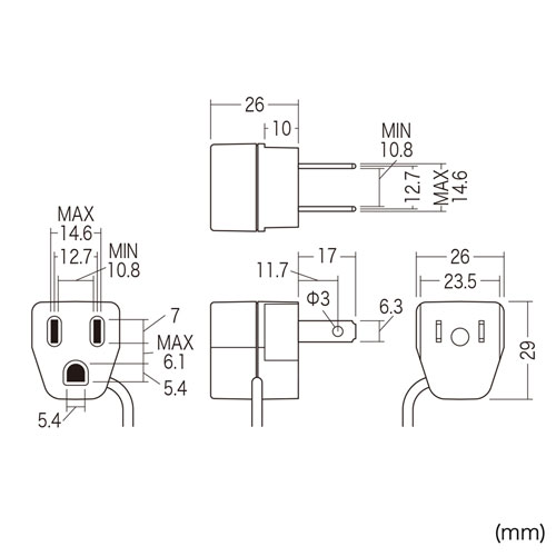 TAP-AD1N / 3P→2P変換アダプタ（3P・1個口）