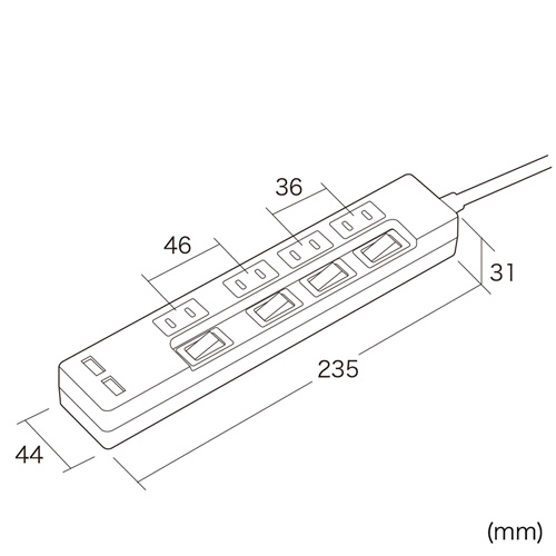 TAP-B102U-2W / USB充電ポート付き便利タップ（2P・4個口＋USB2ポート・2m）