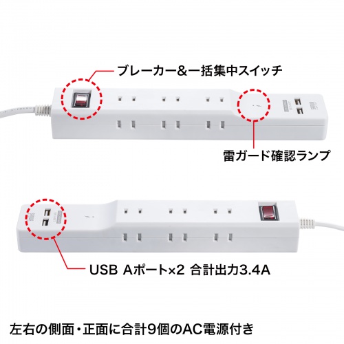 TAP-B103U-2W / USB充電ポート付き便利タップ（2P・9個口＋USB2ポート・2m）